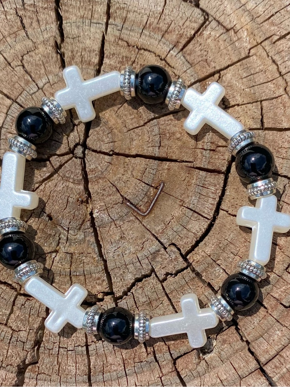 White Cross & Black Bead Stretch Bracelet | From Sea to Country